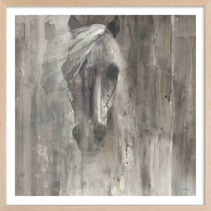 Affiche Cheval blanc aquarelle Affiche + cadre en bois - Chêne