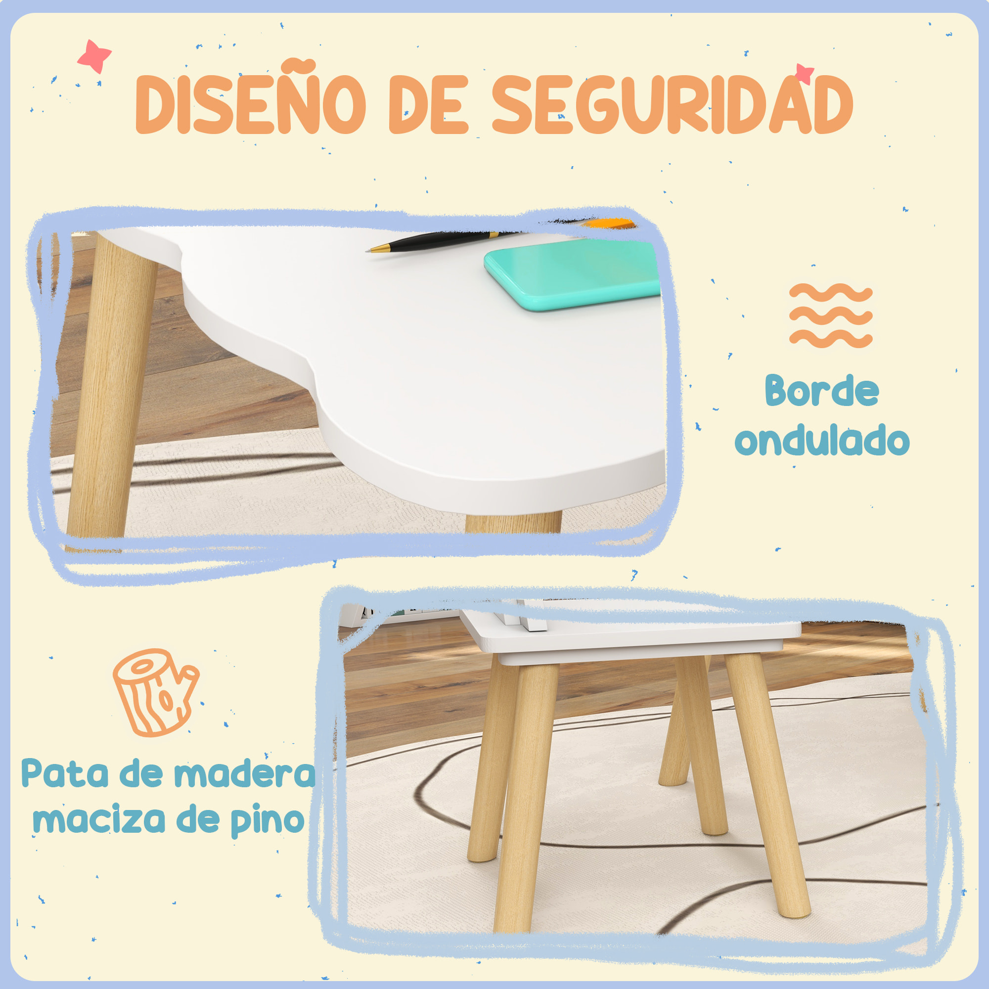 Mesa y Sillas Infantiles de 3 Piezas Mesa Infantil con 2 Sillas con Respaldo en Forma de Corona para Niños de 3-6 Años para Sala de Juegos Dormitorio Guardería Blanco