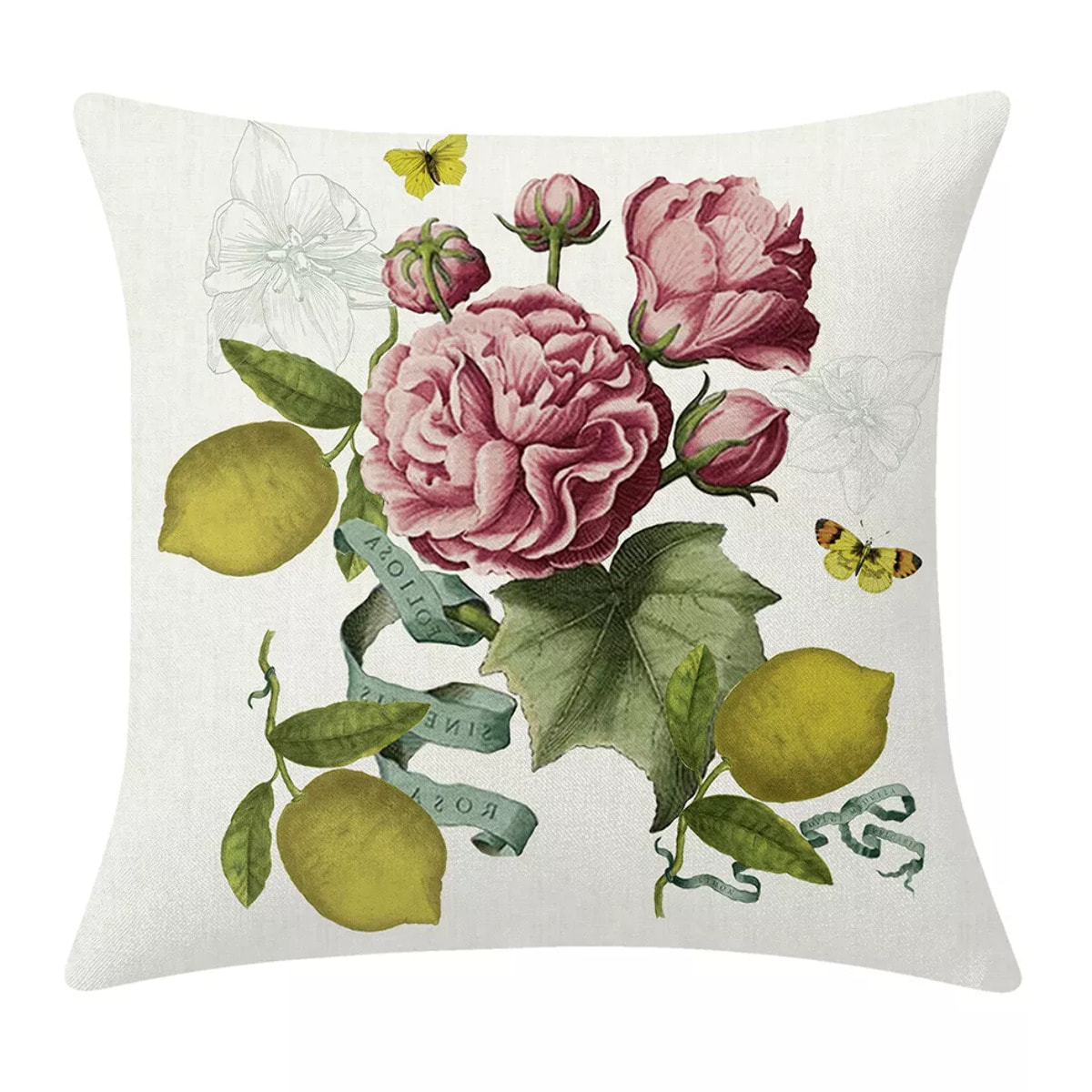 Housse de coussin lin & coton 165 g/m² imprimé rose jaune Citrons de menton romance
