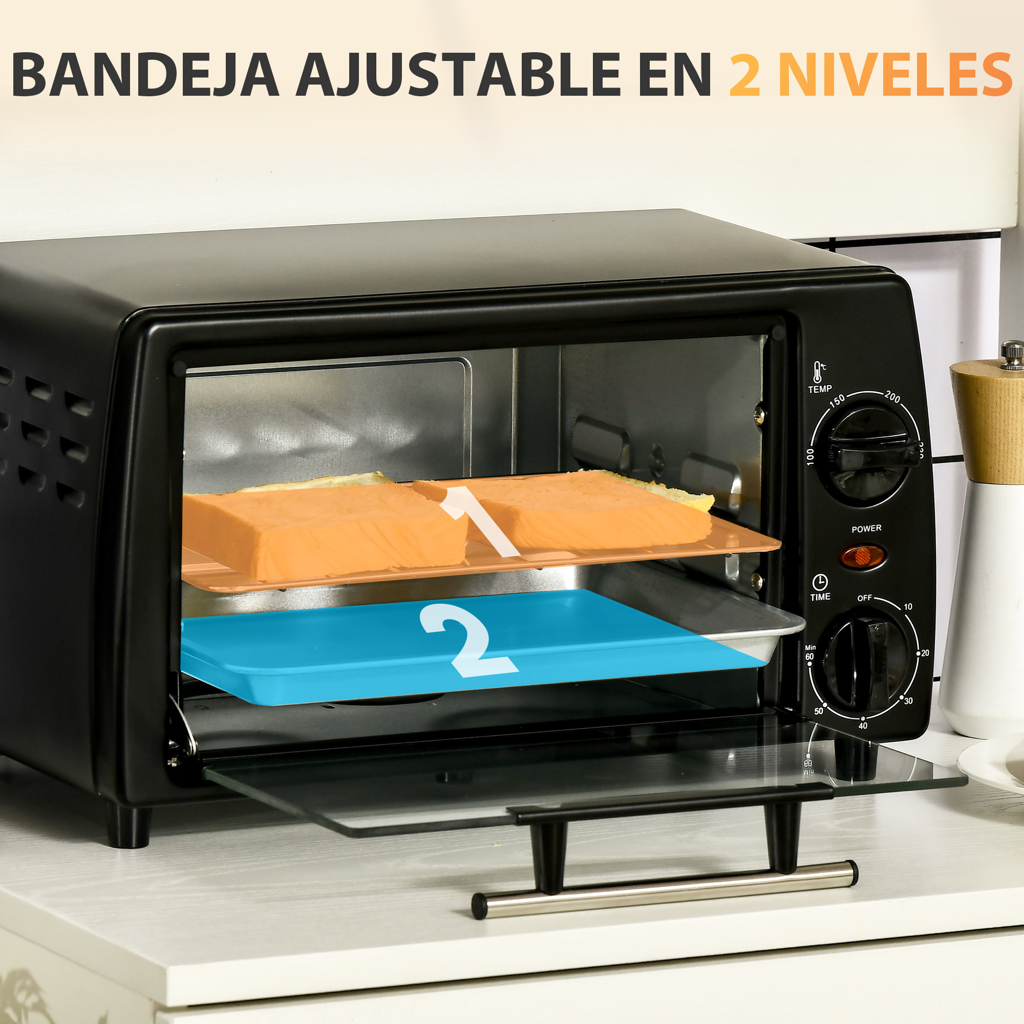 Horno Eléctrico Sobremesa 10 Litros 750W Horno Eléctrico Pequeño con Temperatura hasta 230 „ƒ Temporizador 60 Minutos Bandeja y Rejilla 36,5x26x22 cm Negro