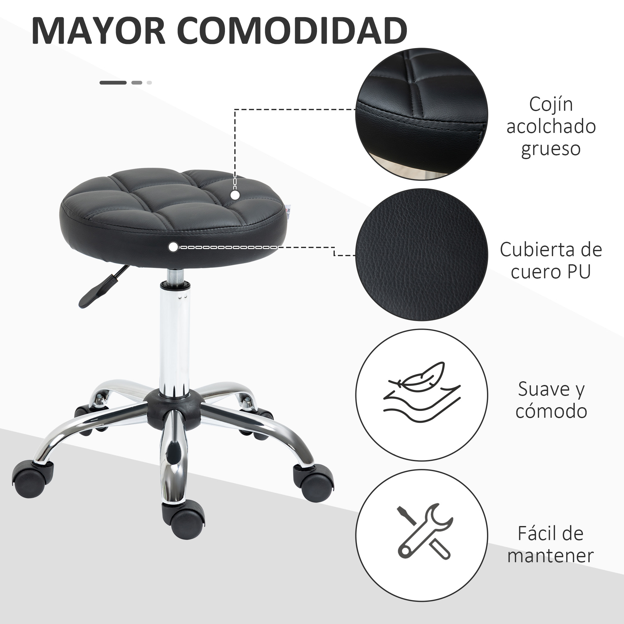 Taburete Giratorio con Ruedas Regulable en Altura de 48-63 cm Taburete de Trabajo Tapizado en Cuero PU para Peluquería Cosmética Dentista Diámetro Ø35,5 cm Negro
