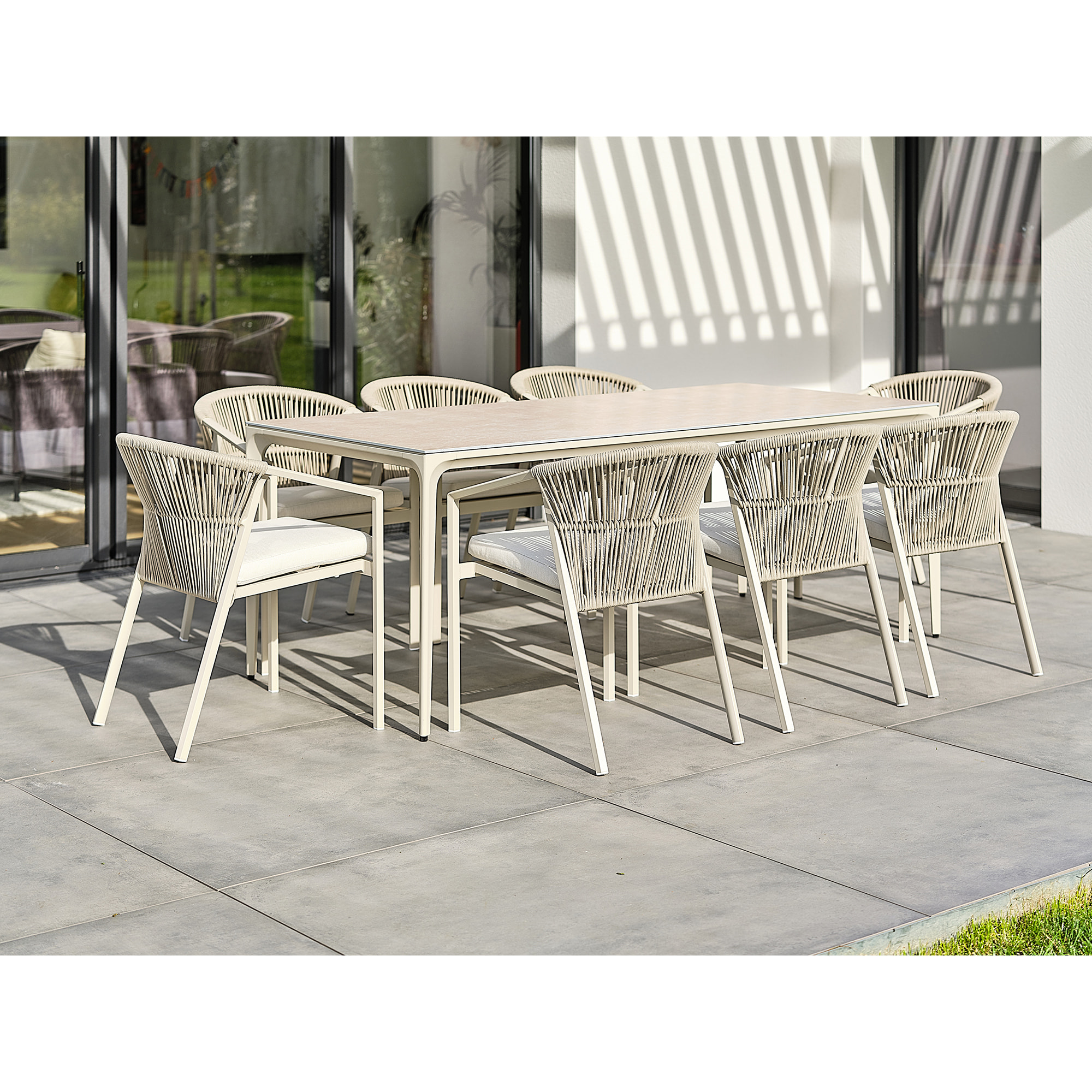 TIGUA - Ensemble repas jardin 8 places Céramique sur verre - Grège