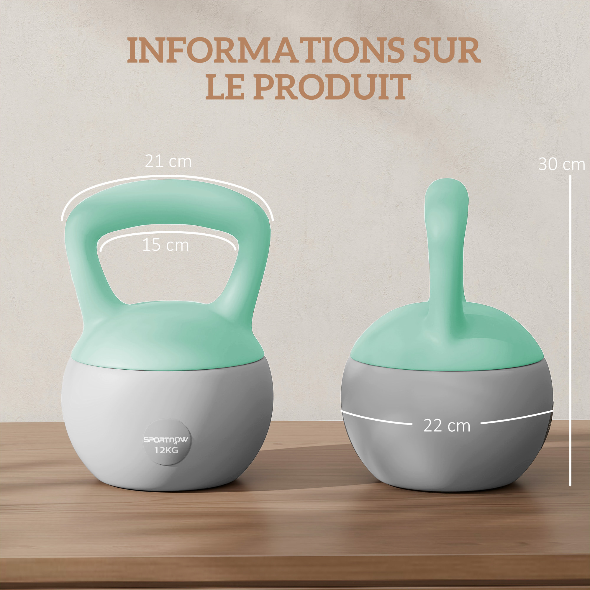 Kettlebell 12 Kg - prise ergonomique - entraînement musculaire & haltérophilie - PVC gris vert d'eau