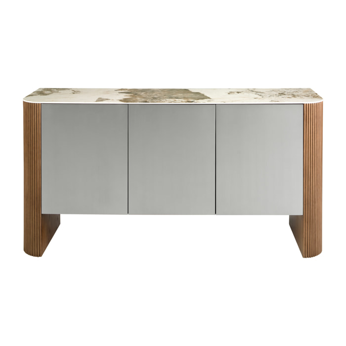 Aparador Angel Cerdá con estructura de Madera MDF lacada en plata y patas de madera en nogal 160x45x80cm