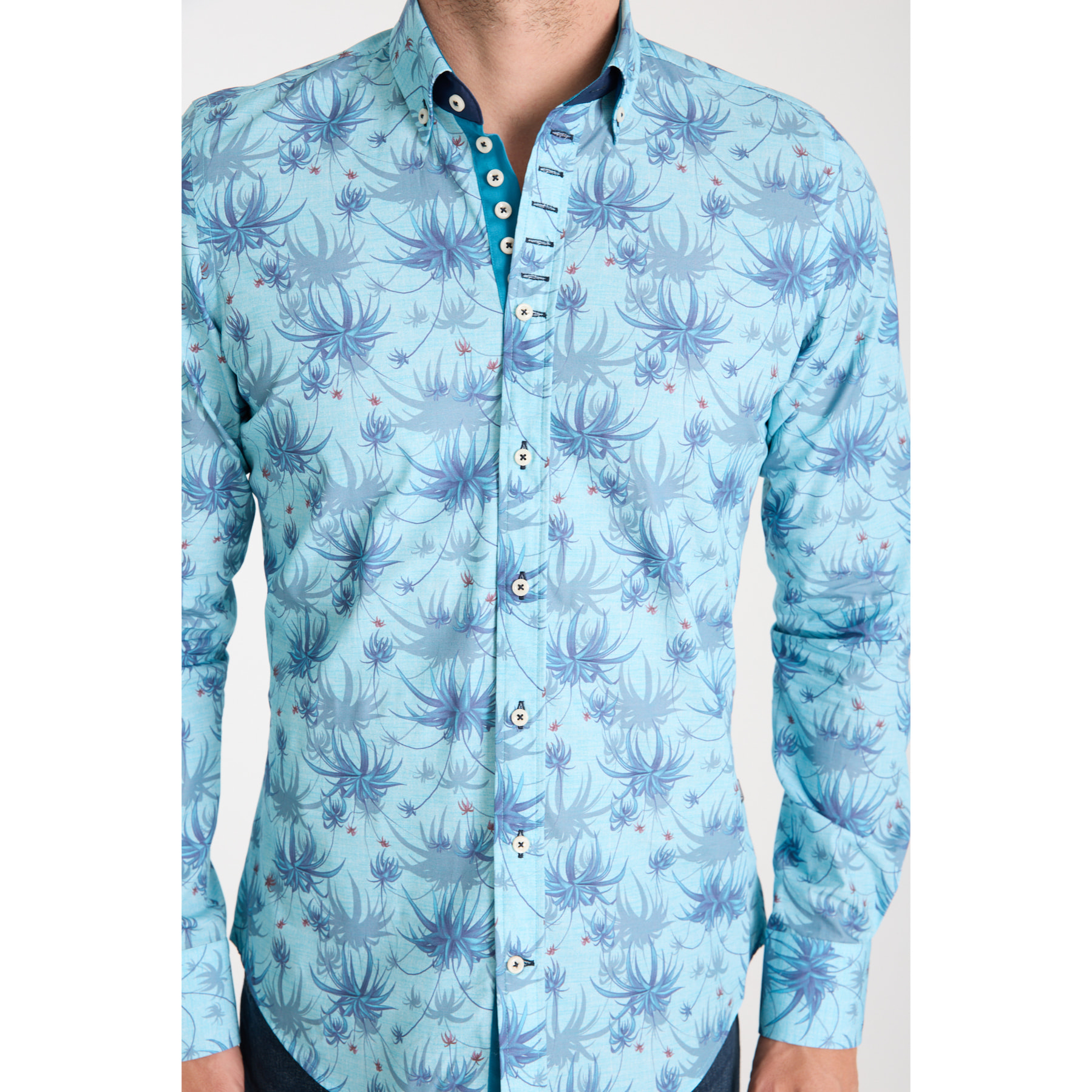 Camicia Uomo 1 Bottoni Button Down Slim Popeline Stampato Turchese/Blu