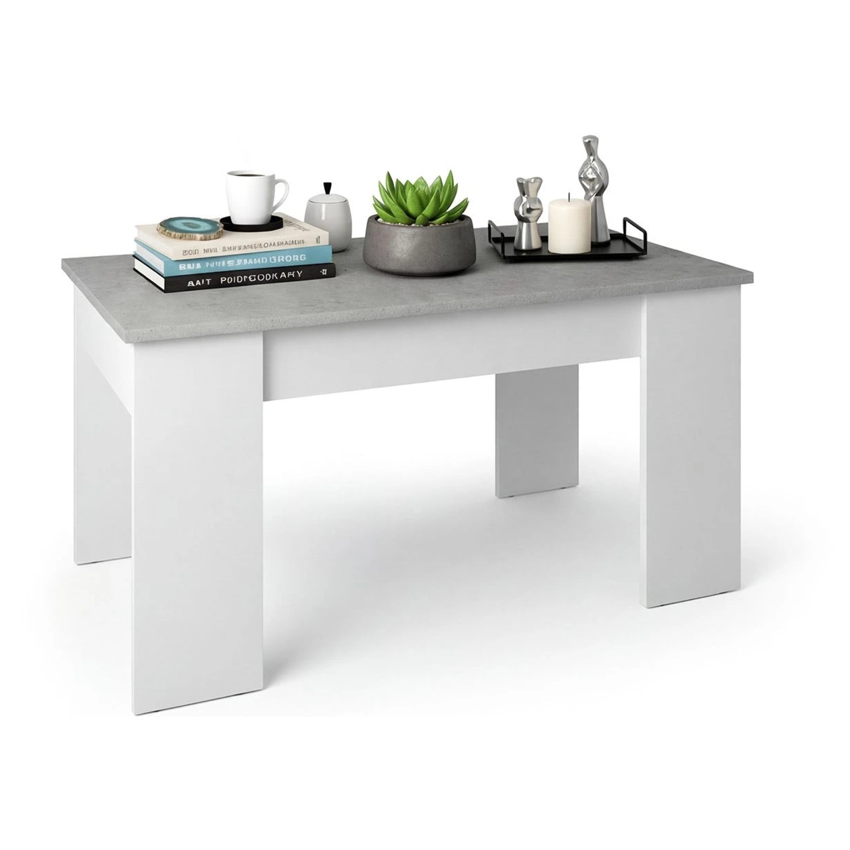 Mesa de centro elevable con almacenaje en blanco artik y gris cemento 90x43-53 cm Norak Blanco Artik (Blanco Mate) - Gris Cemento
