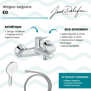 Mitigeur baignoire Eo + pommeau de douche Metro signature + flexible de douche métal