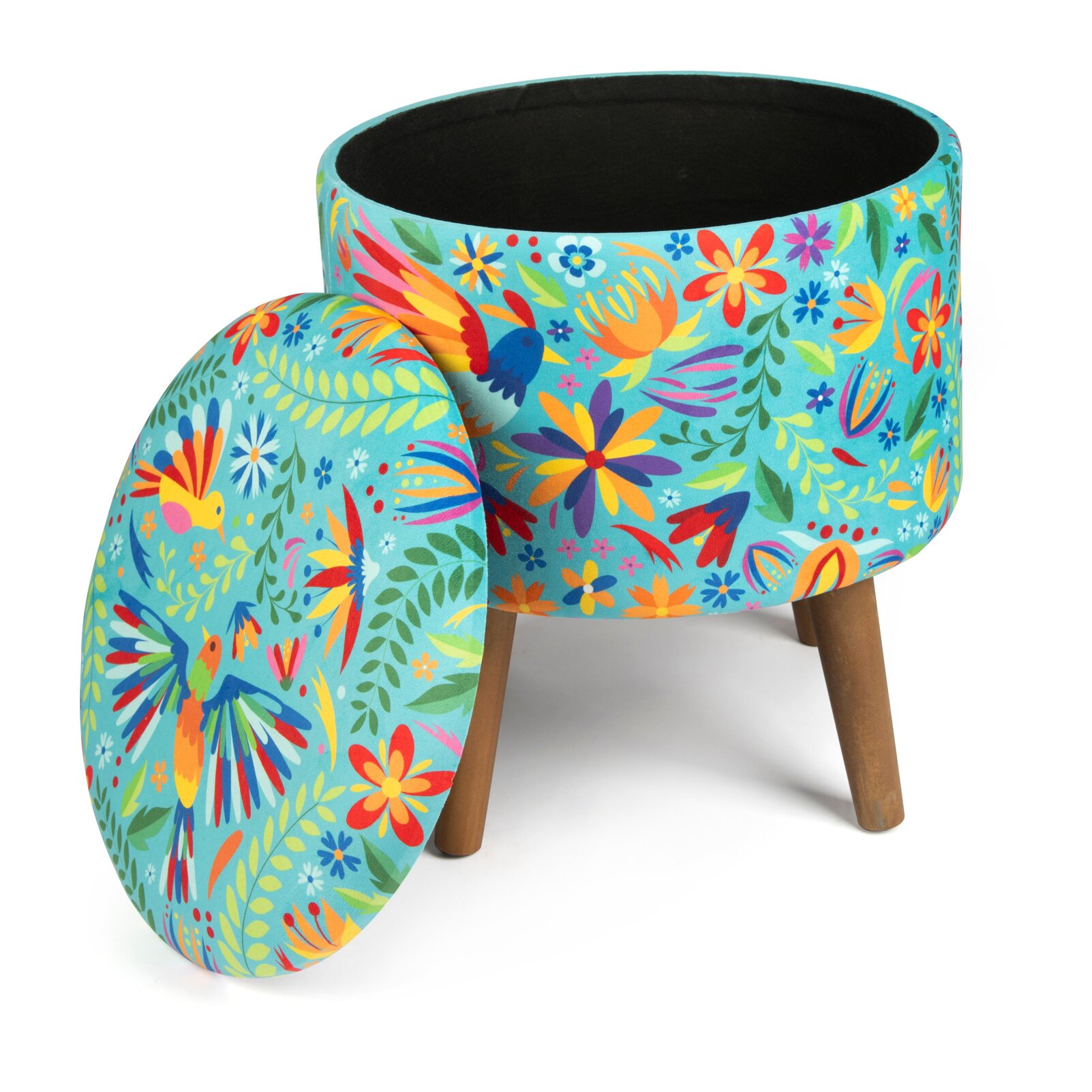 Pouf contenitore in velluto e legno Excelsa Mexican Flowers 38x38x45 cm multicolore