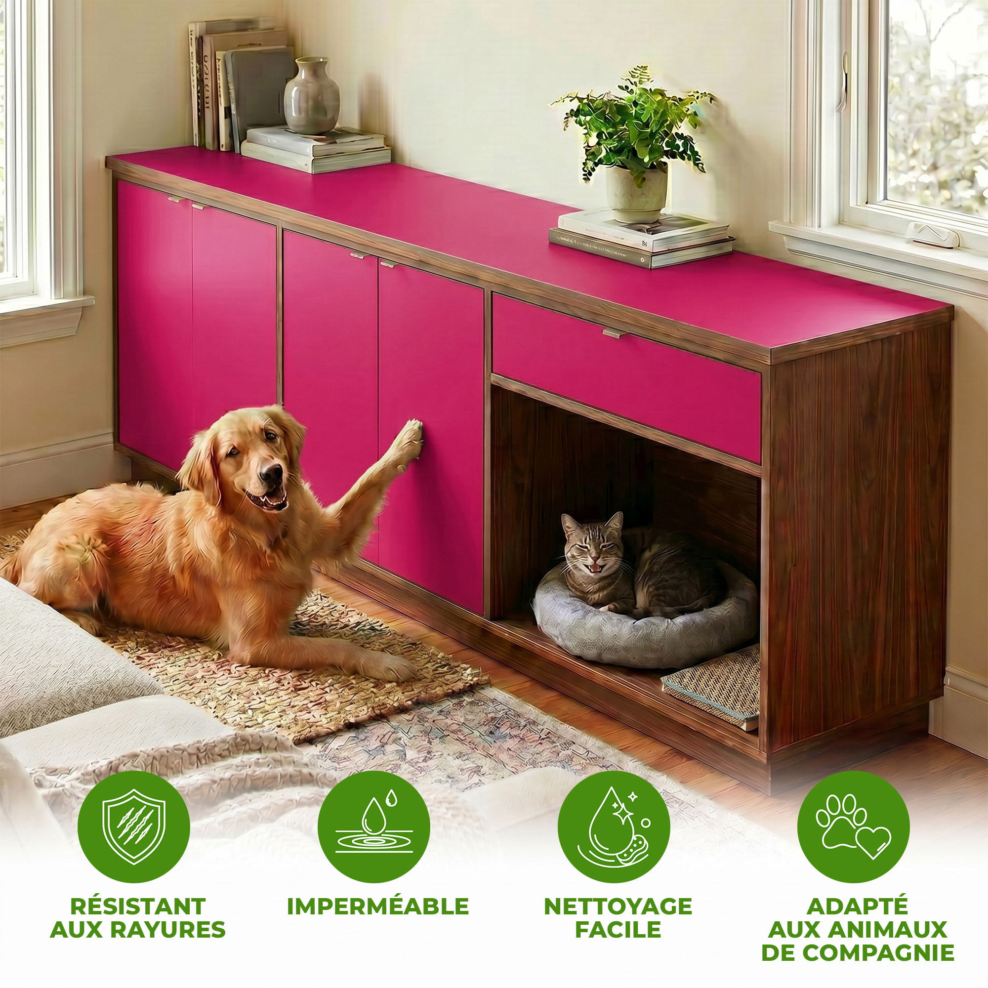 Rouleau adhésif décoratif Vinyle au Mètre - Fushia - Sticker Lavable Imperméable Mur Cuisine Meubles