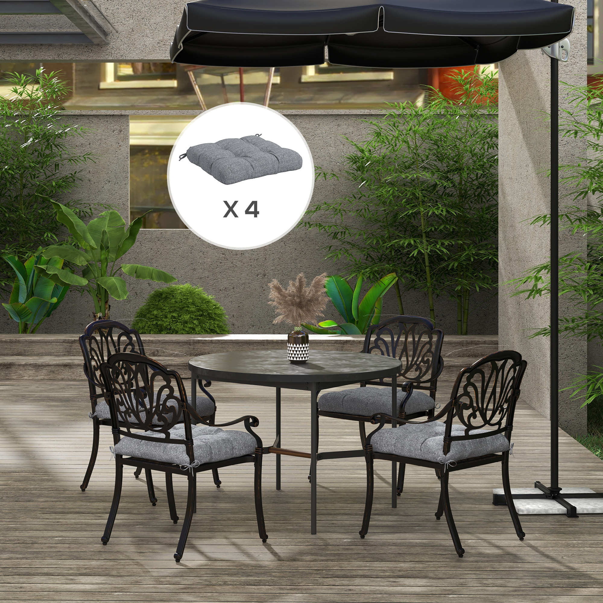 Conjunto de Cojines para Sillas de Comedor 48x48x10 cm Juego de 4 Piezas Cojines para Sillas de Jardín Impermeable y Anti-UV con 2 Cordones de Fijación Gris