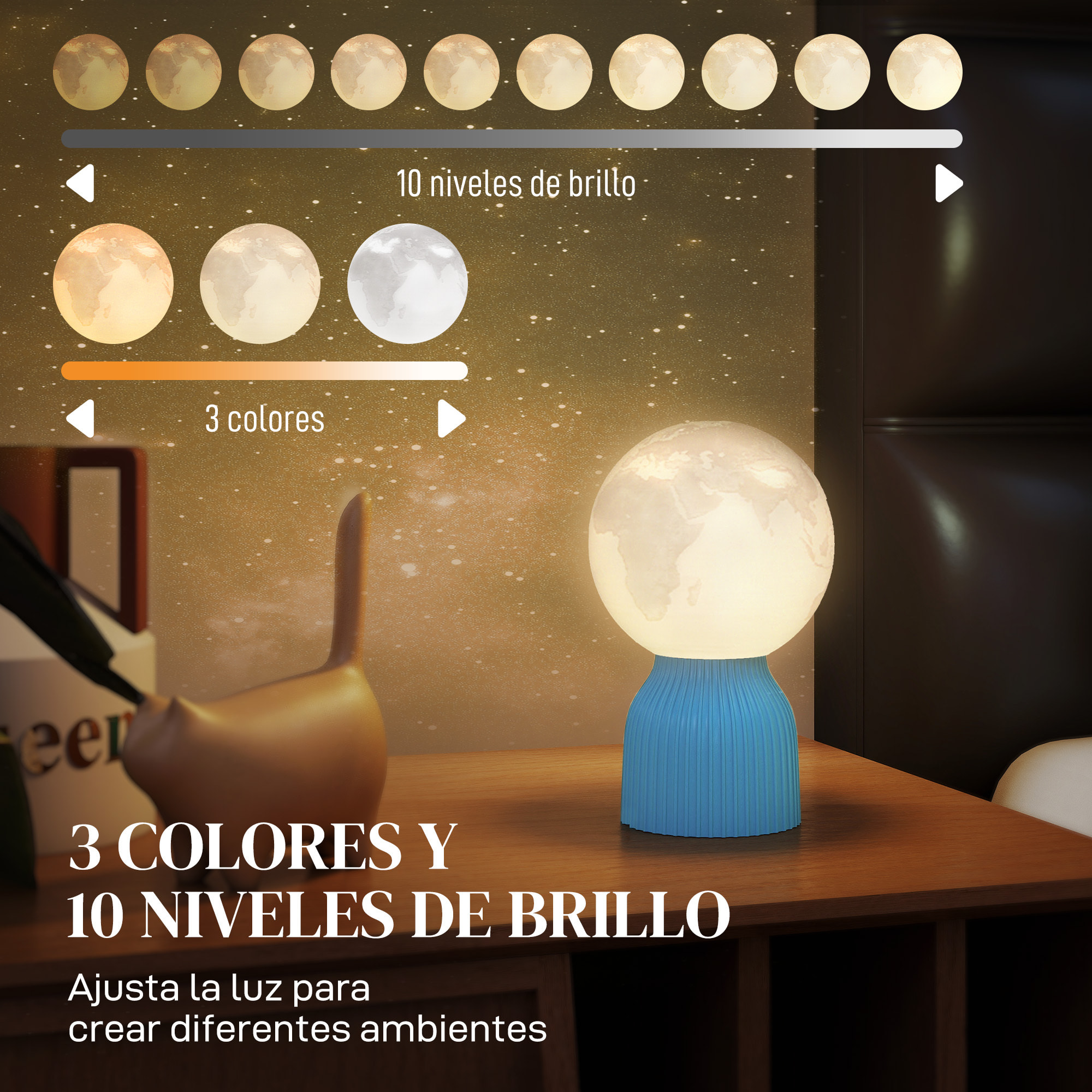 Juego de 3 Lámparas de Mesita de Noche 3D Lámparas de Mesa con 3 Colores Brillo Ajustable en 10 Niveles Conexión USB para Hogar Oficina Dormitorio Blanco