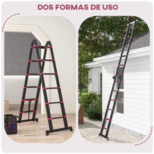 Escalera de Aluminio Plegable 2 Formas de Uso Retráctil Portátil Escalera Telescópica 12 Escalones Antideslizantes Carga 150 kg 379x67,5x11 cm Negro y Rojo