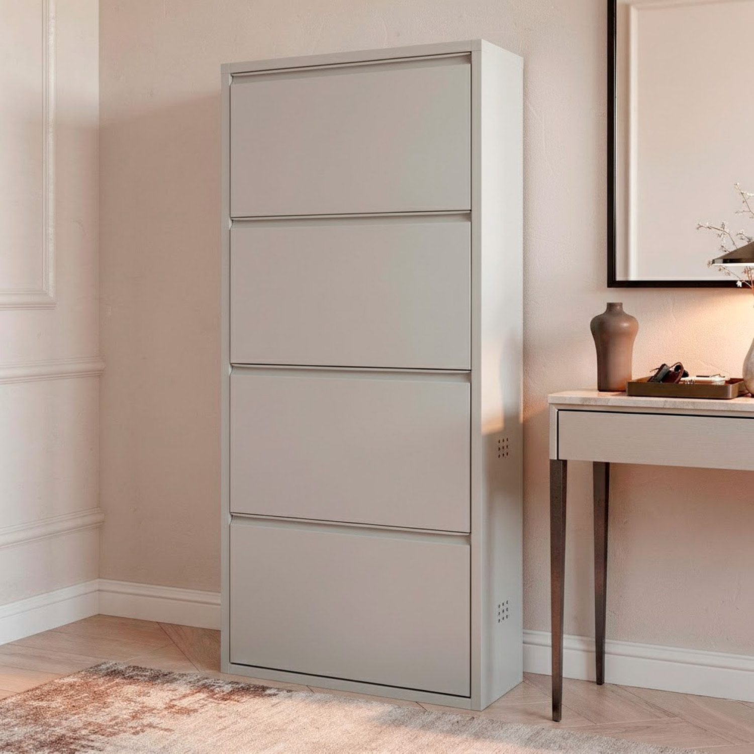 Scarpiera Slim In Metallo 4 Ante A Ribalta Ultra Sottile Salvaspazio Mobile Portascarpe Moderno Ingresso Camera Corridoio 138 x 50 x 15 Cm Grigio