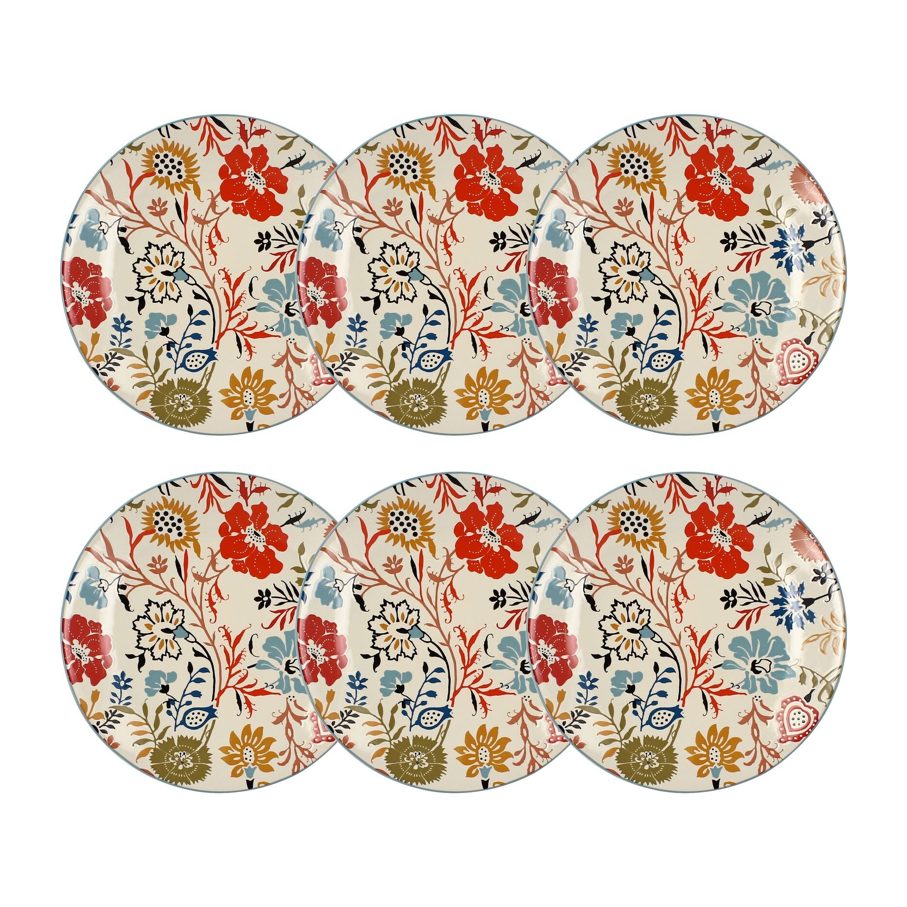 Lot de 6 assiettes plates florales en grès  27cm JAIPUR