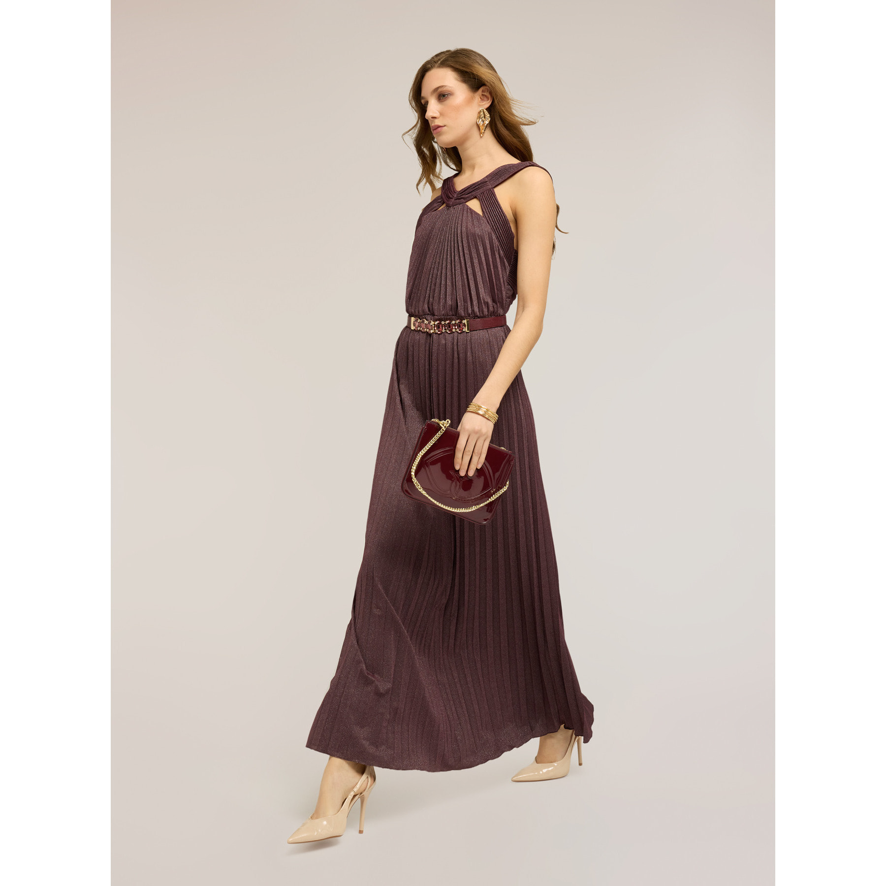 Motivi - Vestido largo de jersey lurex plisado - Burgundy