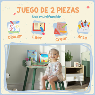 Mesa y Silla Infantiles de 2 Piezas Mesa Infantil con Silla y Estante para Libros Escritorio para Niños de +3 Años para Sala de Juegos Verde