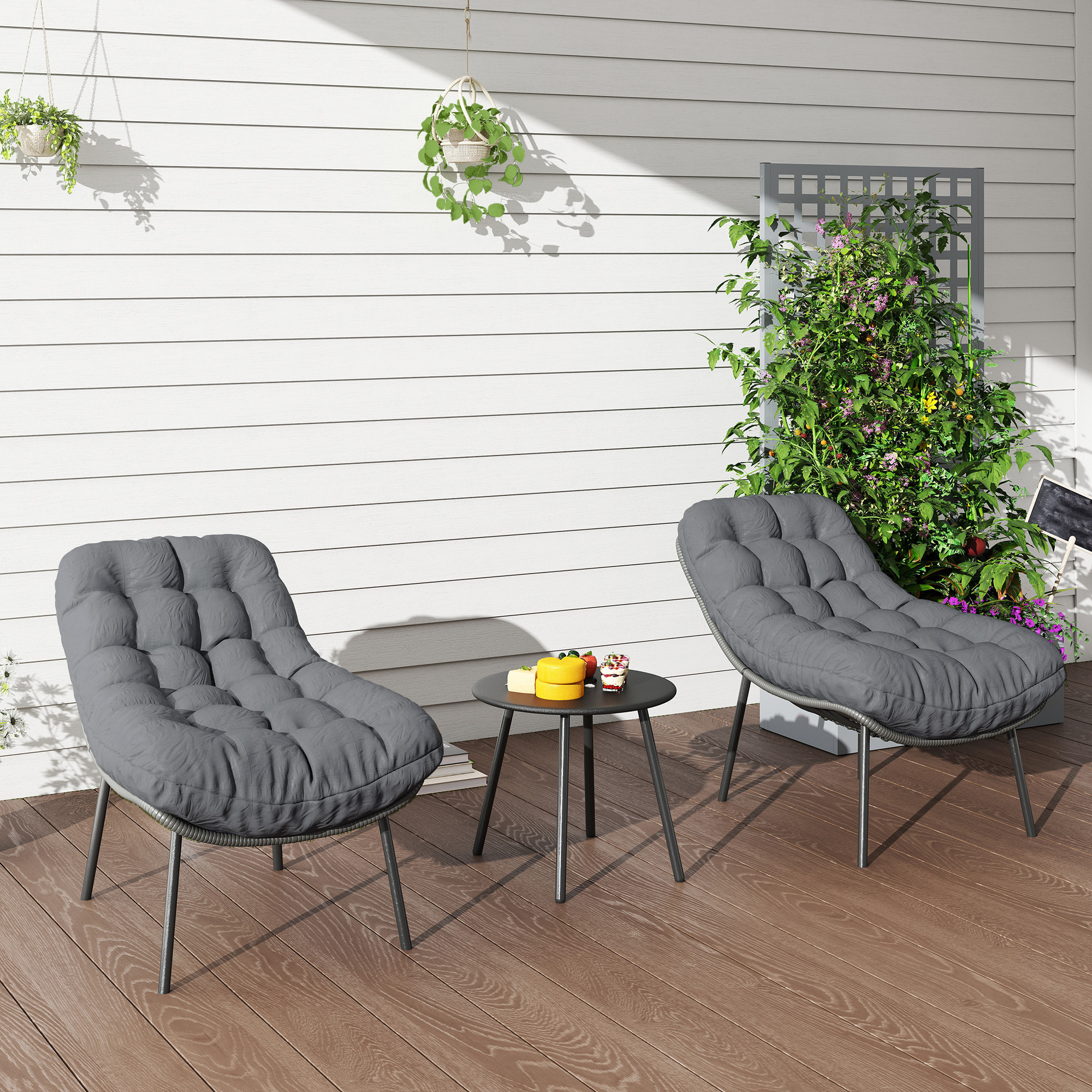 Salon de jardin 2 places 3 pièces style cosy épais coussins capitonnés 15 cm acier résine gris
