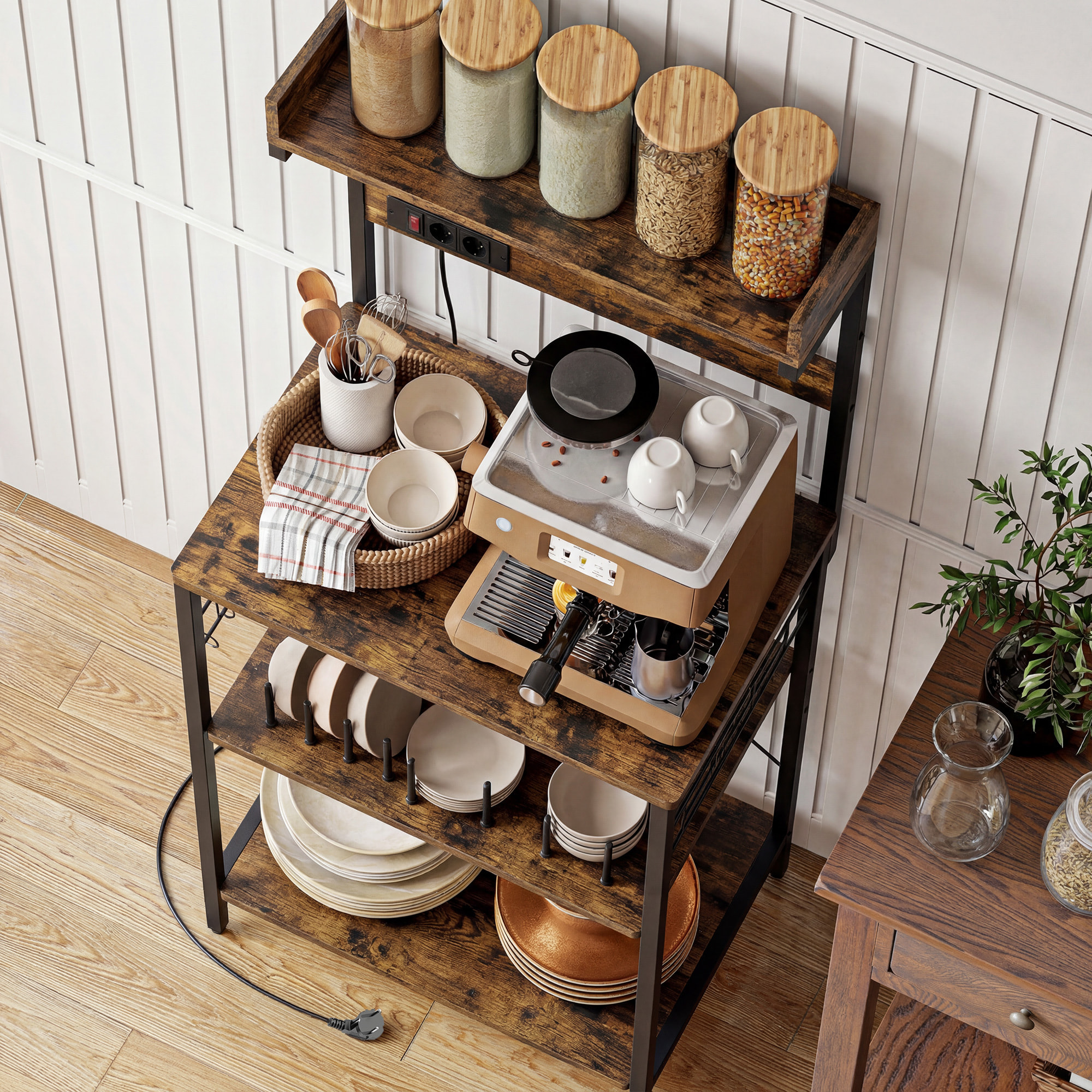 Estantería de Cocina con 2 Tomacorrientes, Estantería de Panadería Industrial con Estación de Café, Estante para Microondas, Estante Ajustable, Ganchos, 60x42x137 cm, Marrón Rústico y Negro