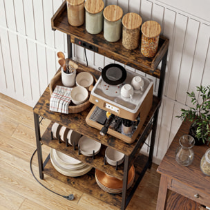 Estantería de Cocina con 2 Tomacorrientes, Estantería de Panadería Industrial con Estación de Café, Estante para Microondas, Estante Ajustable, Ganchos, 60x42x137 cm, Marrón Rústico y Negro