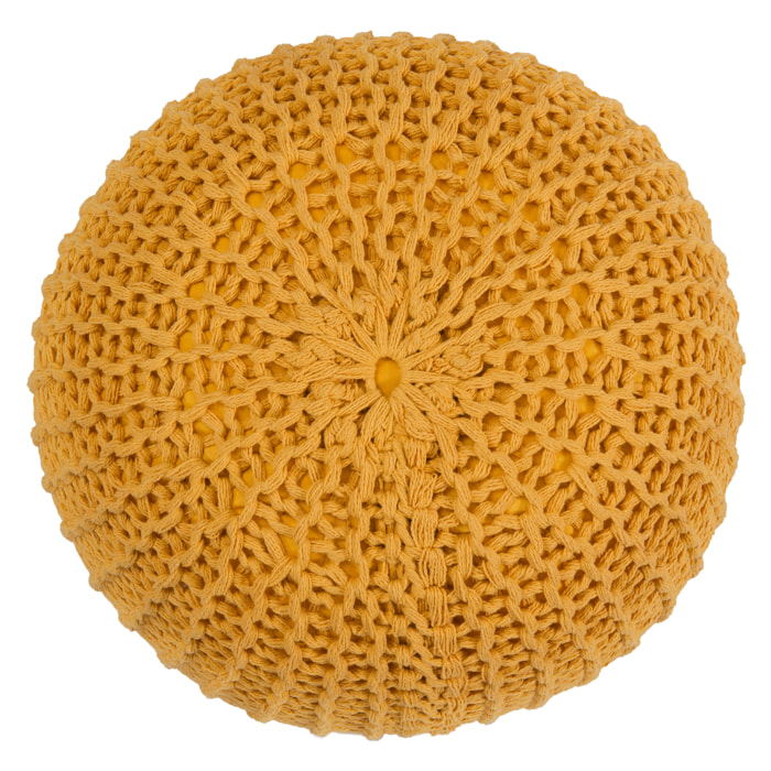 Pouf tricot rond en coton jaune moutarde D40 cm - Elisa