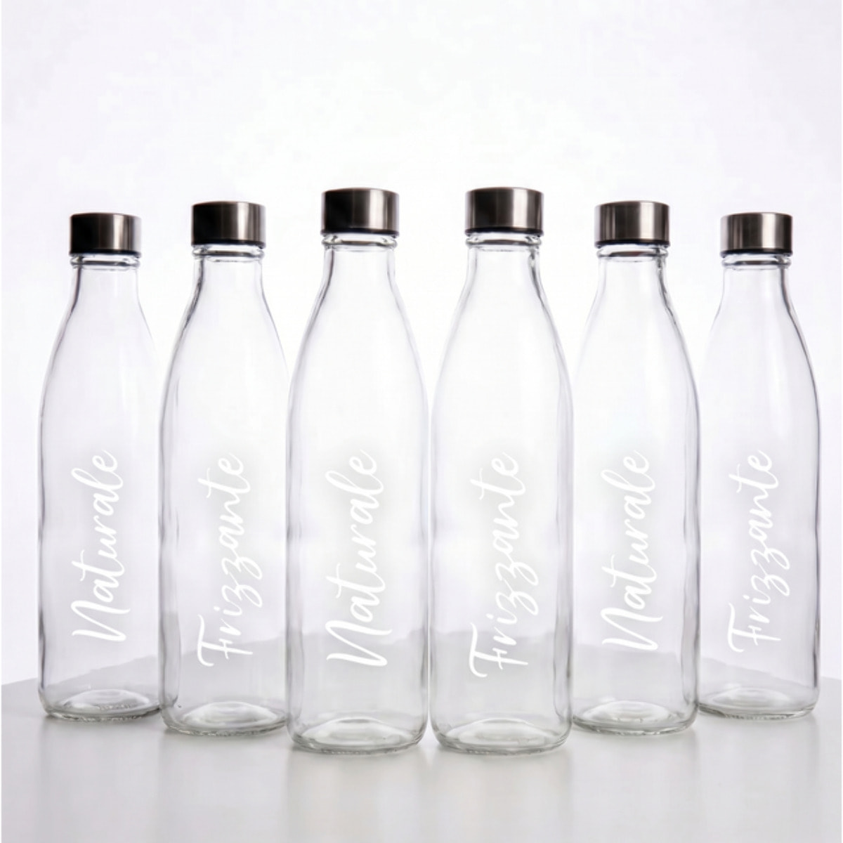 Set 6 bottiglie in vetro da 1 litro con tappo in acciaio inox, bottiglie per acqua naturale e frizzante, resistenti e riutilizzabili, design elegante per tavola e frigorifero, facili da pulire, ideali per casa ristorante e ufficio