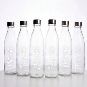 Set 6 bottiglie in vetro da 1 litro con tappo in acciaio inox, bottiglie per acqua naturale e frizzante, resistenti e riutilizzabili, design elegante per tavola e frigorifero, facili da pulire, ideali per casa ristorante e ufficio