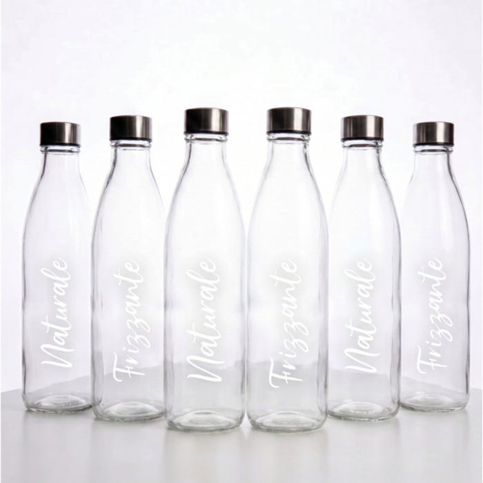 Set 6 bottiglie in vetro da 1 litro con tappo in acciaio inox, bottiglie per acqua naturale e frizzante, resistenti e riutilizzabili, design elegante per tavola e frigorifero, facili da pulire, ideali per casa ristorante e ufficio