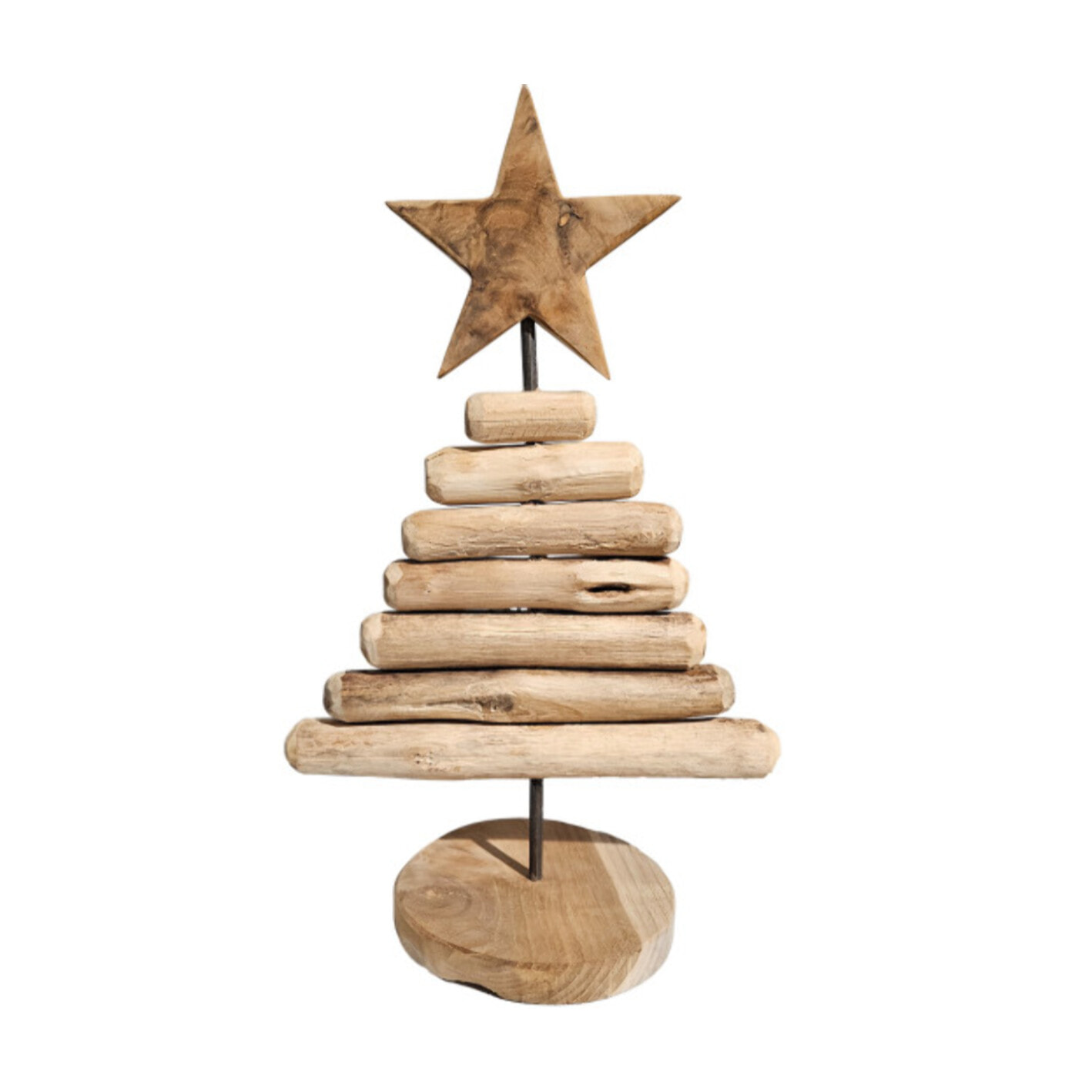 Sculpture petit sapin H. 35 cm en bois de teck brut et métal - AUDE