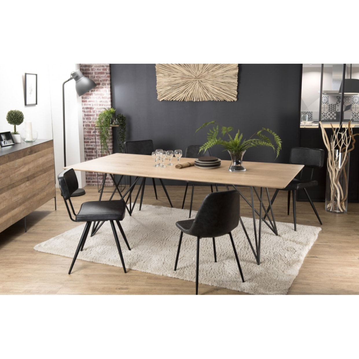 MADISON - Table à manger rectangulaire 220x100cm bois chêne pieds épingles croisés métal noir