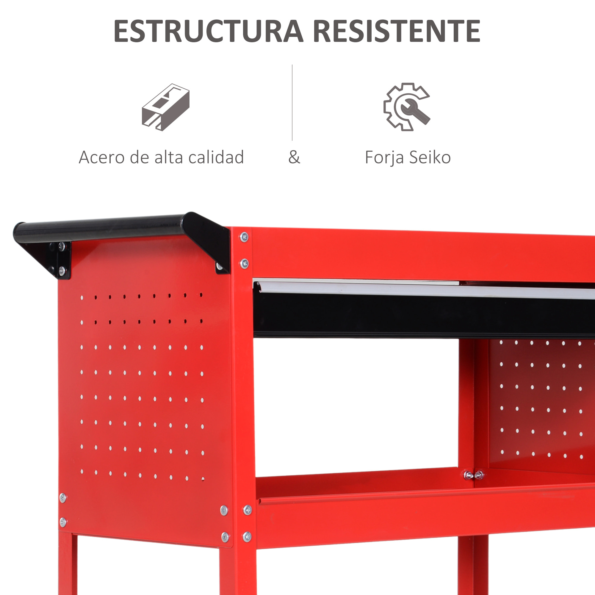 Carro de Taller, Carro de Herramientas con 3 Bandejas y Cajón, Ruedas con Frenos, Asa Lateral, Panel Lateral Perforado, para Garaje Mecánico, Hogar, Rojo