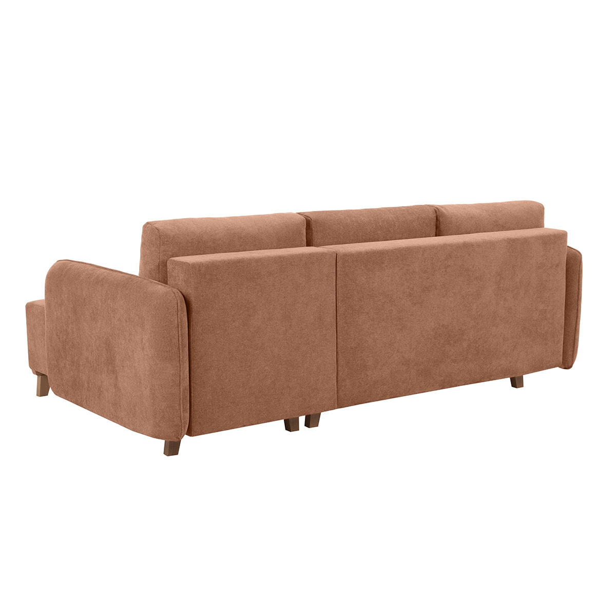 Canapé d'angle convertible et réversible 3-4 places en tissu effet velours terre brûlée et bois clair ROMANE