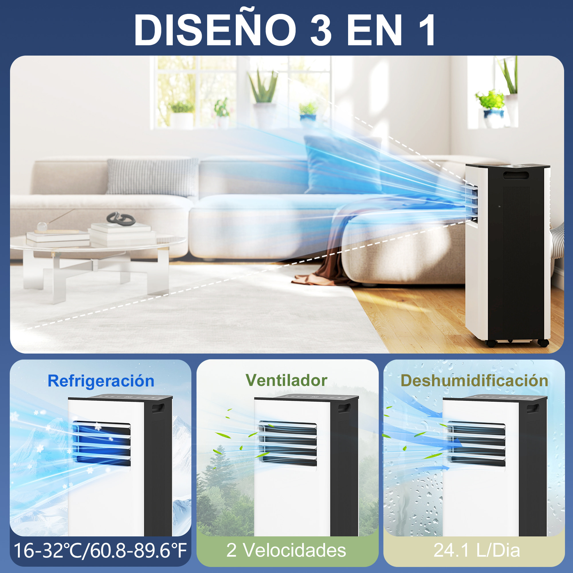 Aire Acondicionado Portátil 3 en 1 9000 BTU Enfriador Ventilador Deshumidificador 24,1 L/Día con Control Remoto Pantalla LED Temporizador 24h 2 Velocidades para Habitación 28m² Blanco