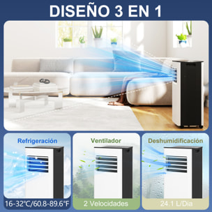 Aire Acondicionado Portátil 3 en 1 9000 BTU Enfriador Ventilador Deshumidificador 24,1 L/Día con Control Remoto Pantalla LED Temporizador 24h 2 Velocidades para Habitación 28m² Blanco