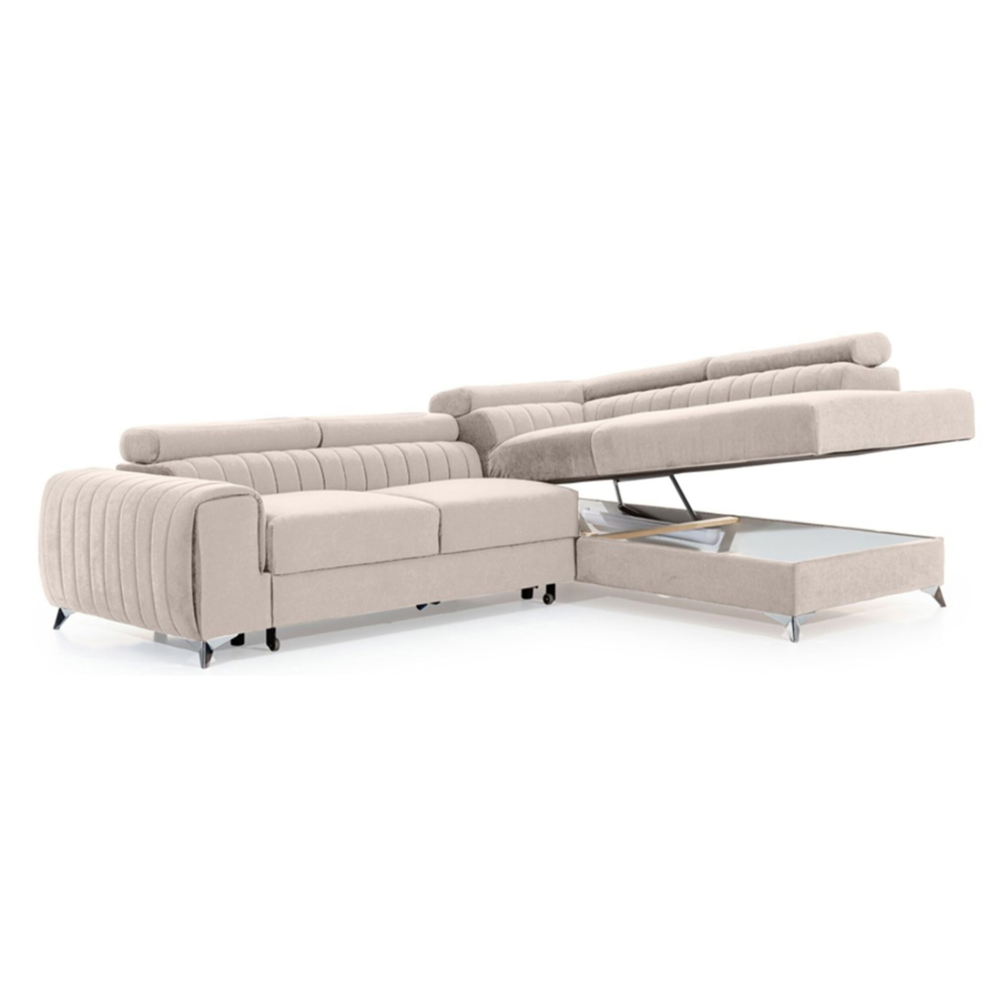 Talisay - canapé d'angle droit - 5 places - convertible avec coffre - en velours - Beige