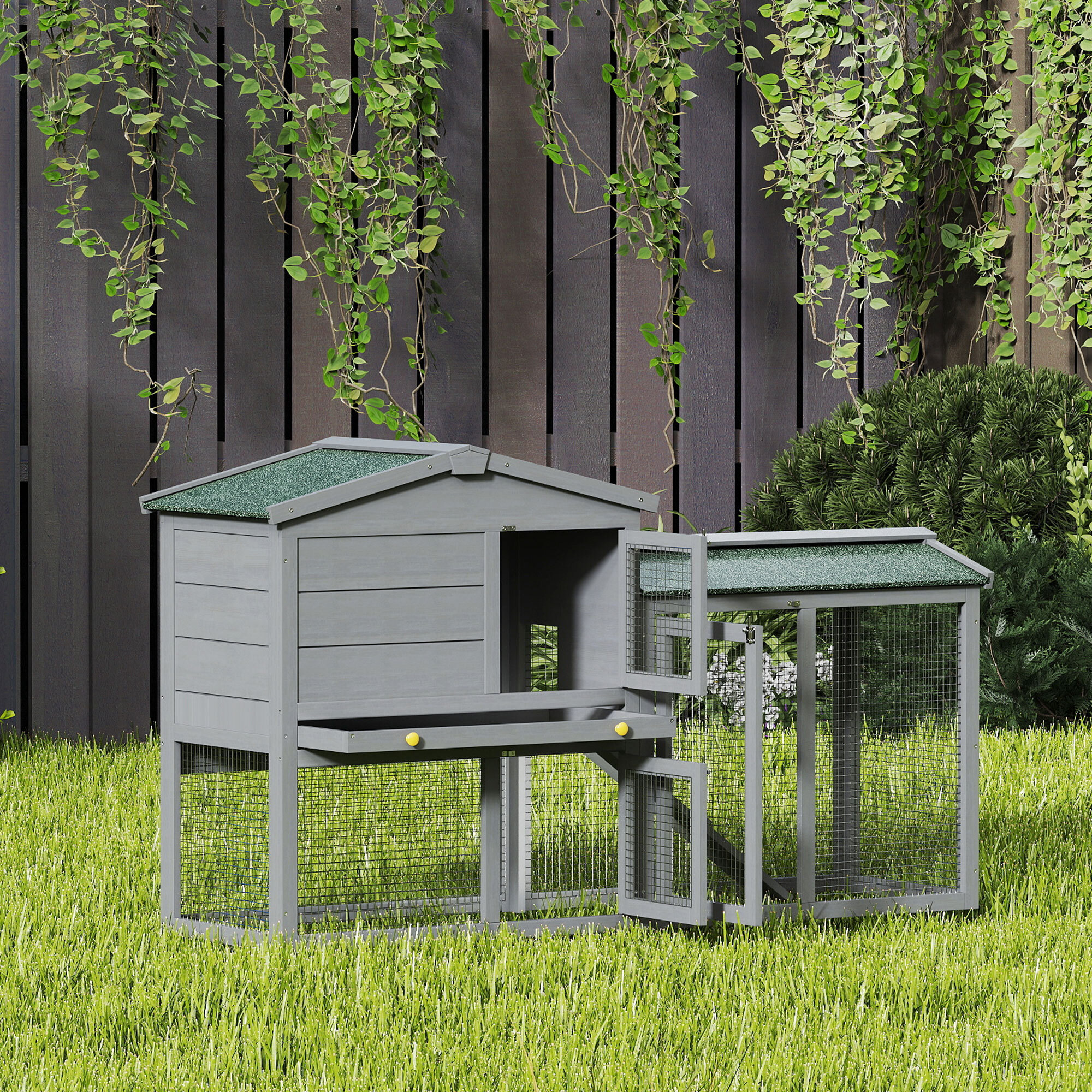 Conejera de Madera de 2 Niveles, Jaula para Conejos Grande con Techo Asfáltico, Bandeja Extraíble y Escalera, Conejera para Exterior, para Cobayas y Hámsteres, 150x45x85 cm, Gris