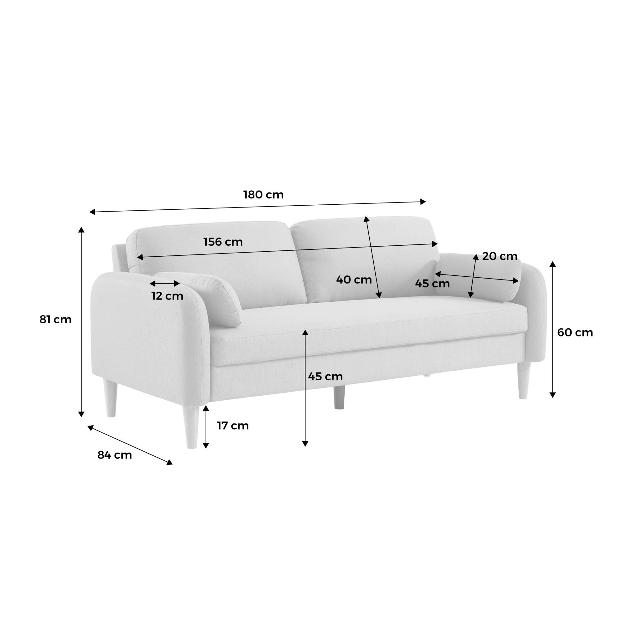 Canapé 3 places scandinave arrondi tissu blanc pieds bois d'hévéa