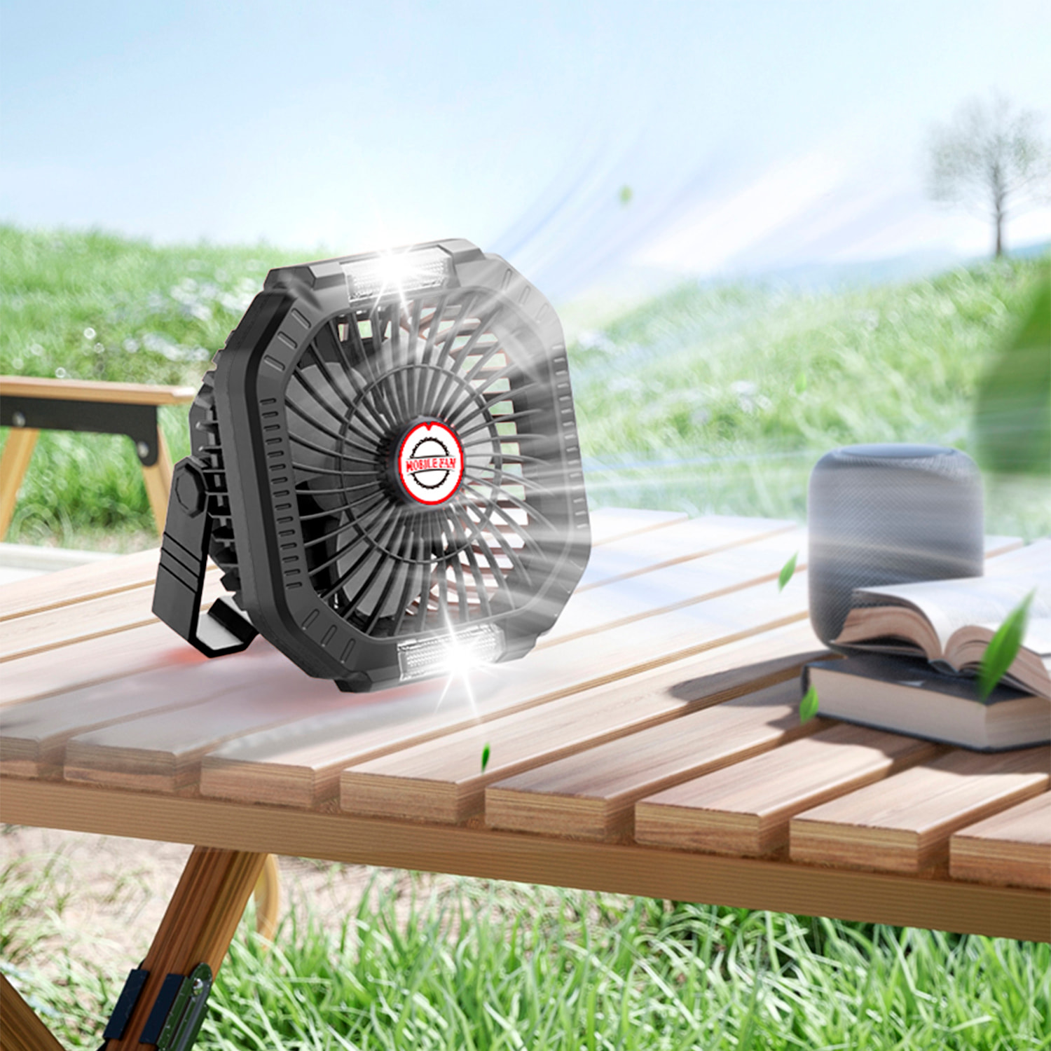 Ventilatore P10 con motore senza spazzole, LED con 16 luci, 4 velocità, 3 livelli di luce e 3 timer. Include telecomando e powerbank da 7800 mAh.