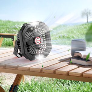 Ventilatore P10 con motore senza spazzole, LED con 16 luci, 4 velocità, 3 livelli di luce e 3 timer. Include telecomando e powerbank da 7800 mAh.