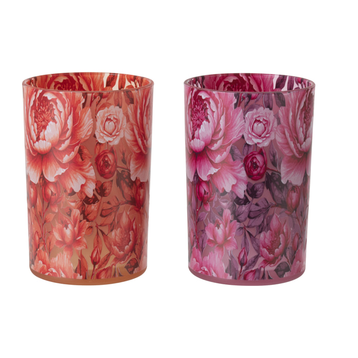 J-line Photophore Fleurs - verre - orange/rose - large - 2 pièces