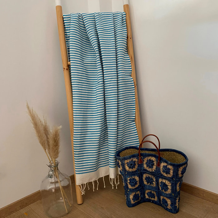 Fouta nid d'abeille traditionnelle Bleu 100x200 190g/m² - Yadara Turquoise
