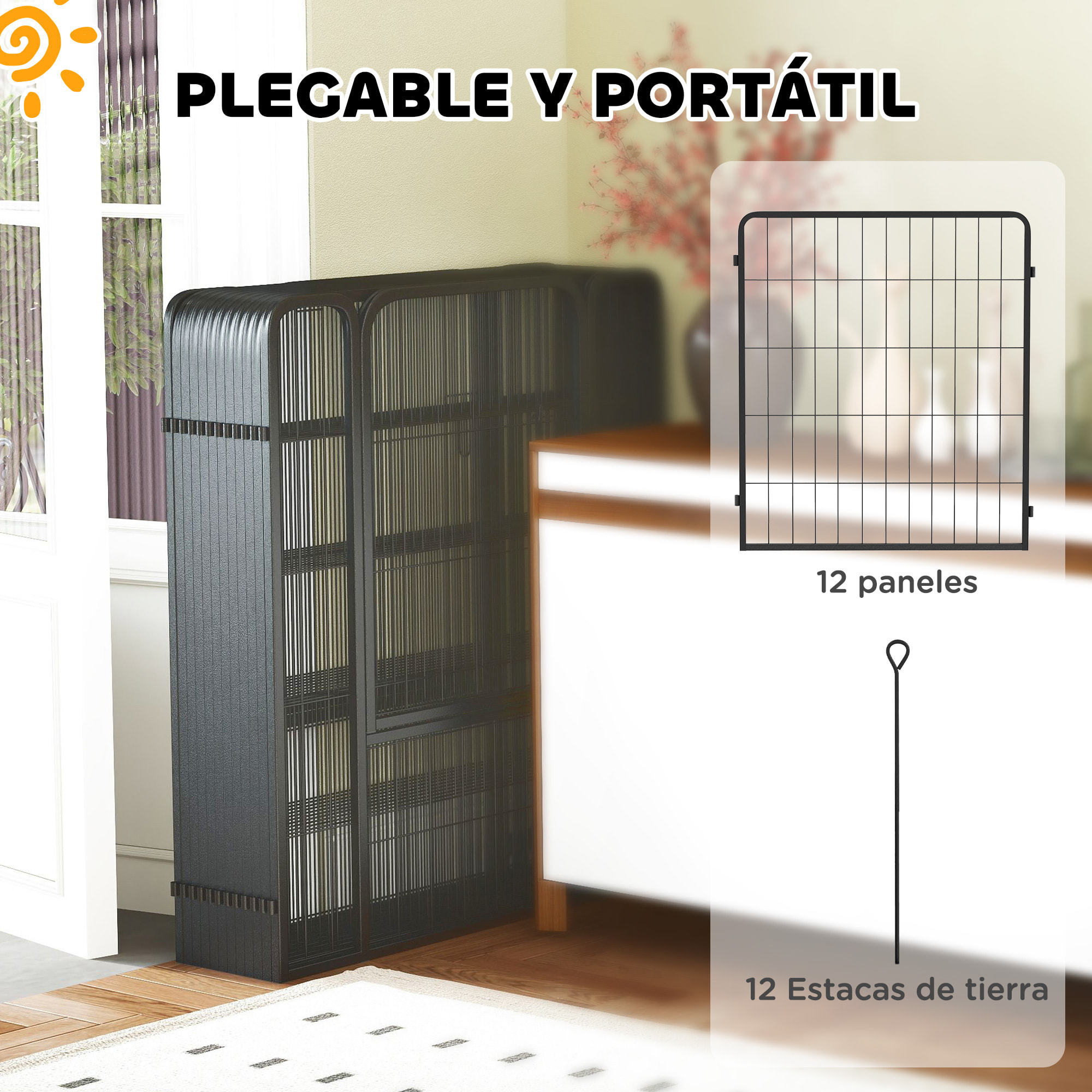 Parque para Perros de 12 Paneles, 68x80 cm, Corral Plegable para Perros Medianos con Puertas, Cierre y Estacas, para Interior y Exterior, Negro