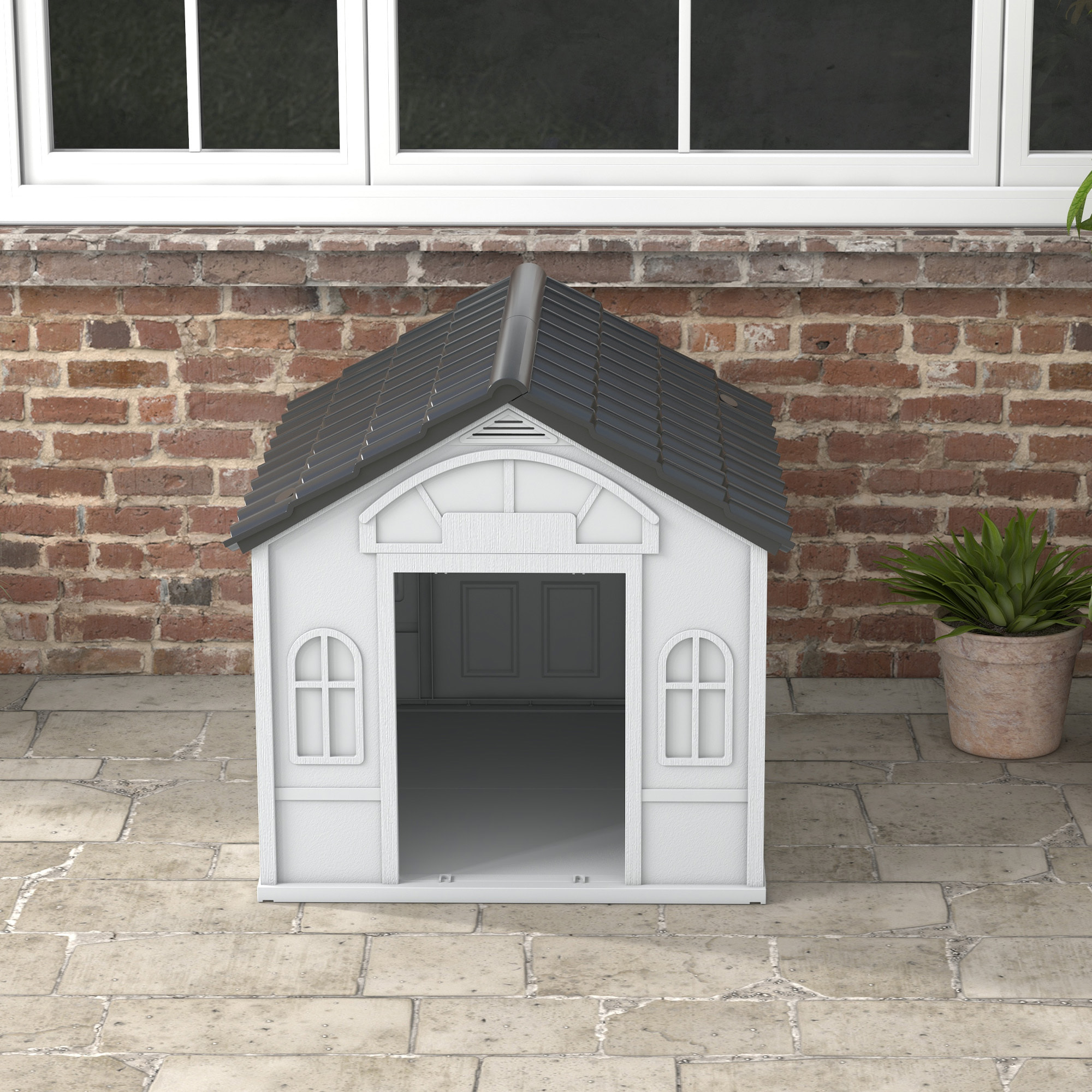 Caseta para Perros Exterior 84,2x98,2x82 cm Casa para Perros con Patrón de Ventana y Techo de Tejas de Imitación para Perros Grandes Gris y Blanco