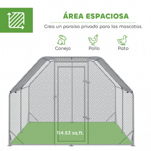 Gallinero para Exterior Grande, 2,8x3,8x1,95 m, Gallinero de Acero Galvanizado con 2 Habitaciones, Cubierta de Tela Oxford, Anti-UV e Impermeable, Jaula para 10-12 Gallinas y Conejos, Plata