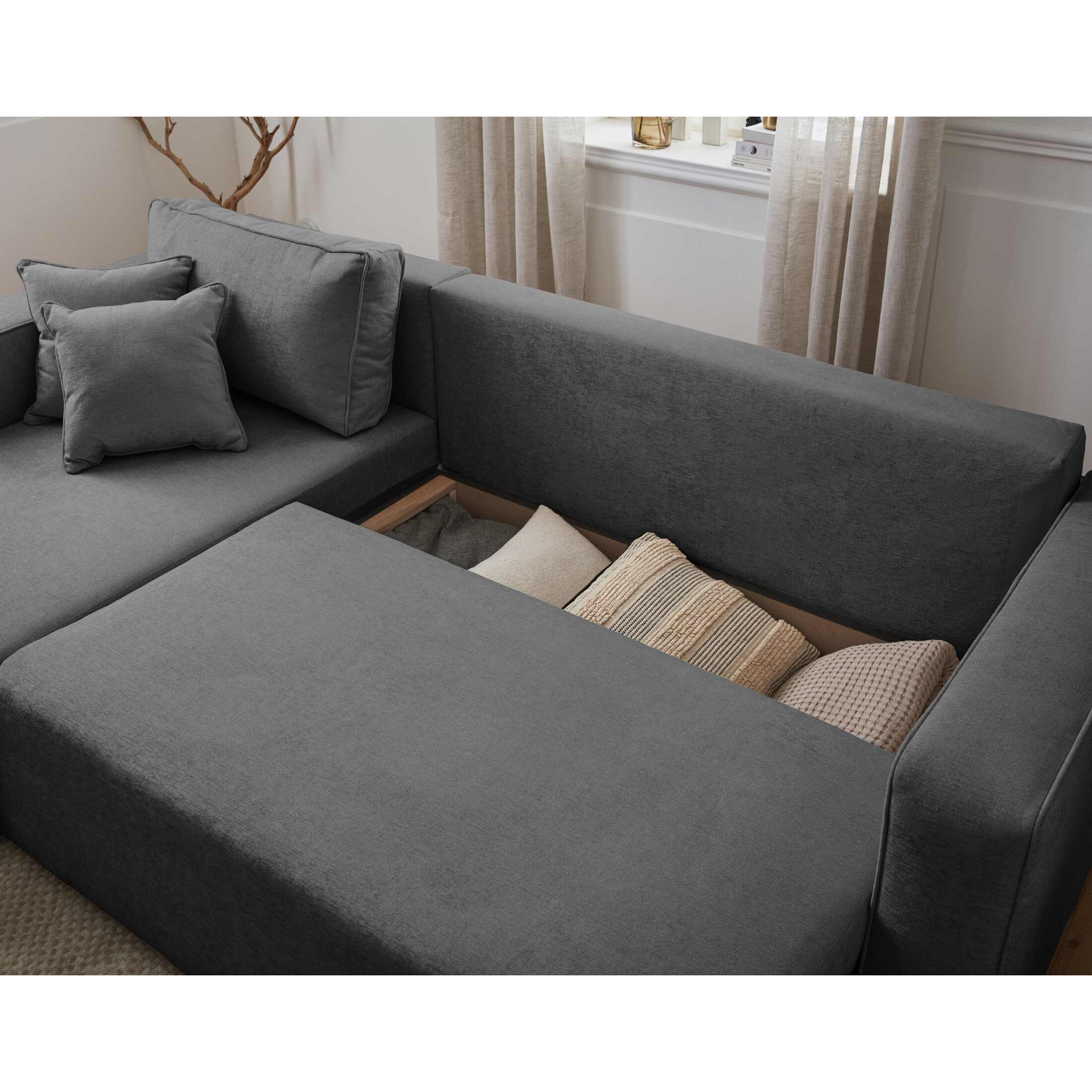 Topaze - canapé d'angle réversible - 4 places - convertible avec coffre - en tissu - Gris foncé