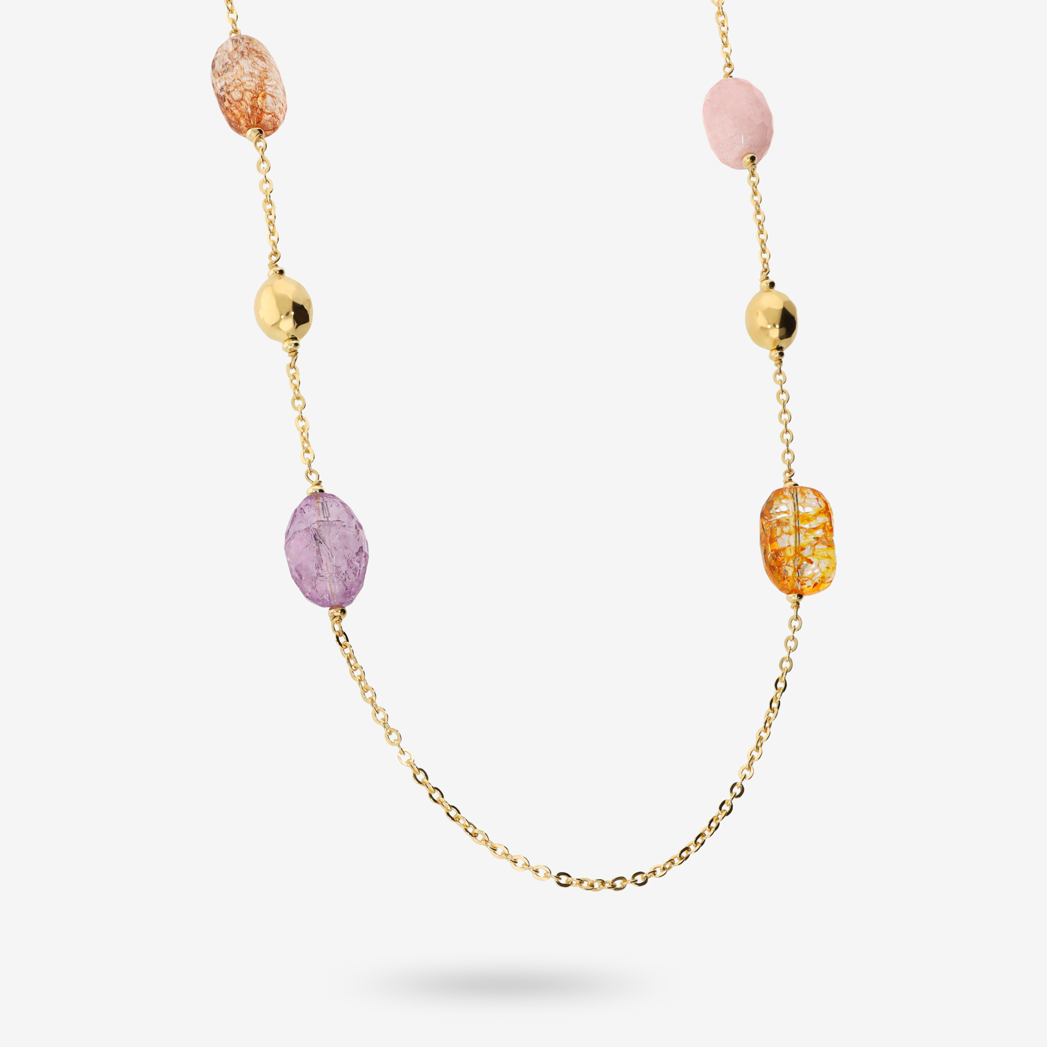 Collana Lunga Maglia Rolo con Bead Martellate e Pietre Naturali in Argento 925 placcato Oro giallo 18Kt