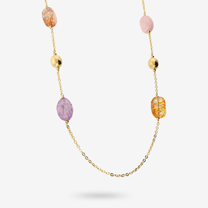 Collana Lunga Maglia Rolo con Bead Martellate e Pietre Naturali in Argento 925 placcato Oro giallo 18Kt