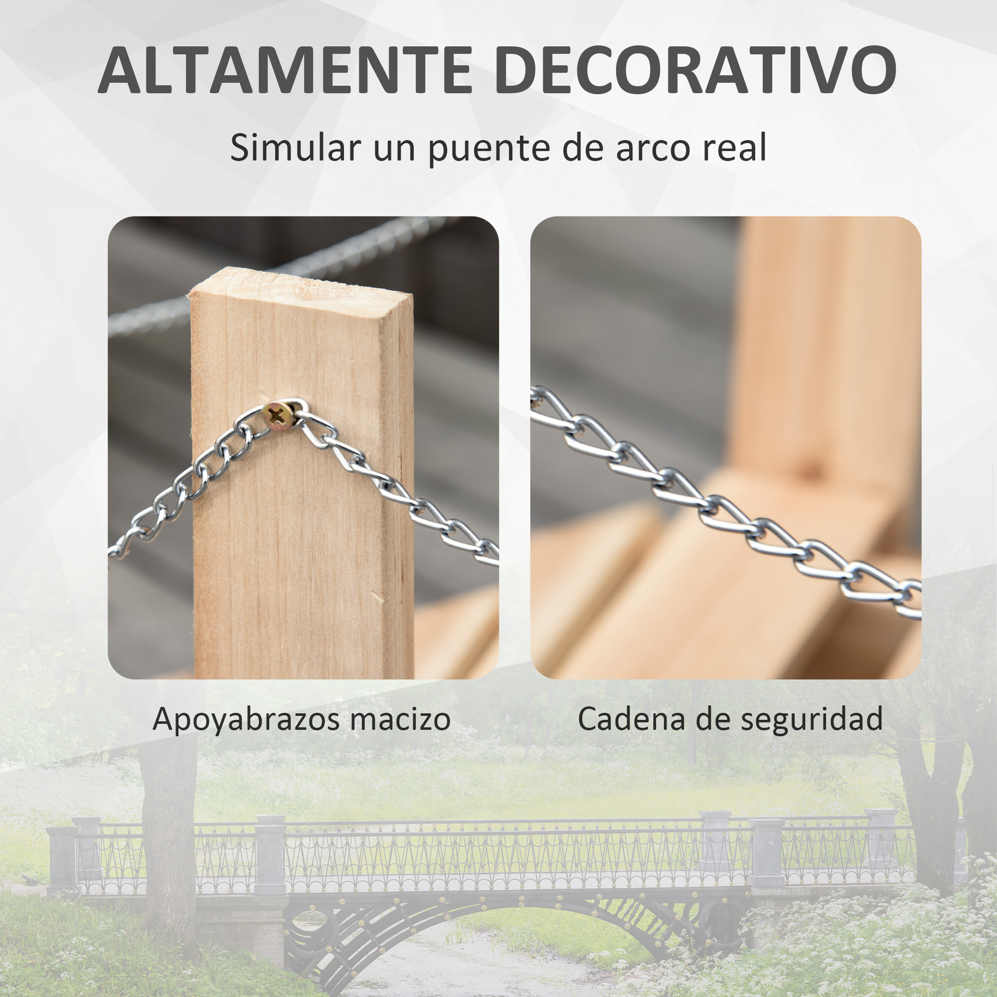 Puente de Jardín de Madera con Pasamanos de Cadenas Metálicas Puente Decorativo para Estanque Carga 5 kg para Decoración Patio 100x32x48 cm Madera Natural