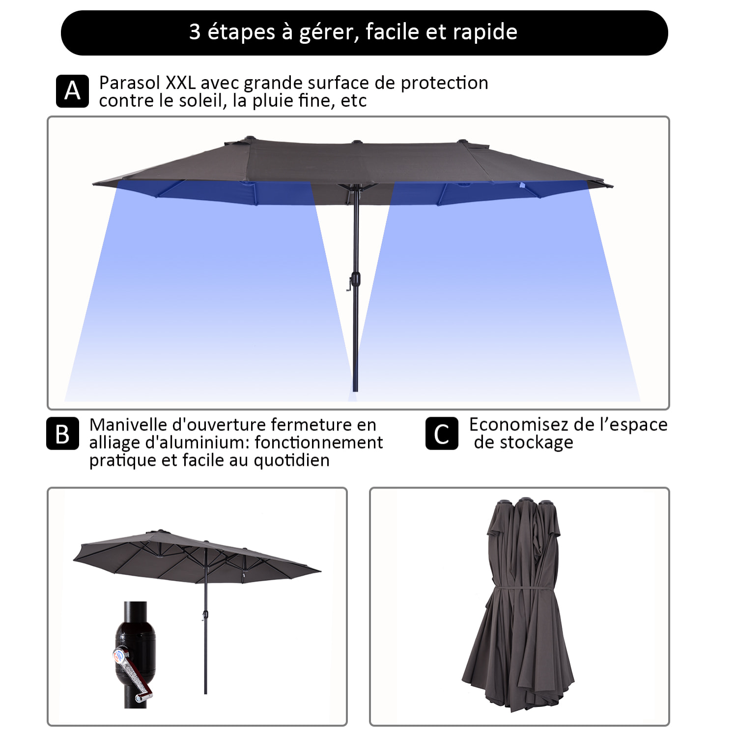 Grand parasol acier polyester haute densité