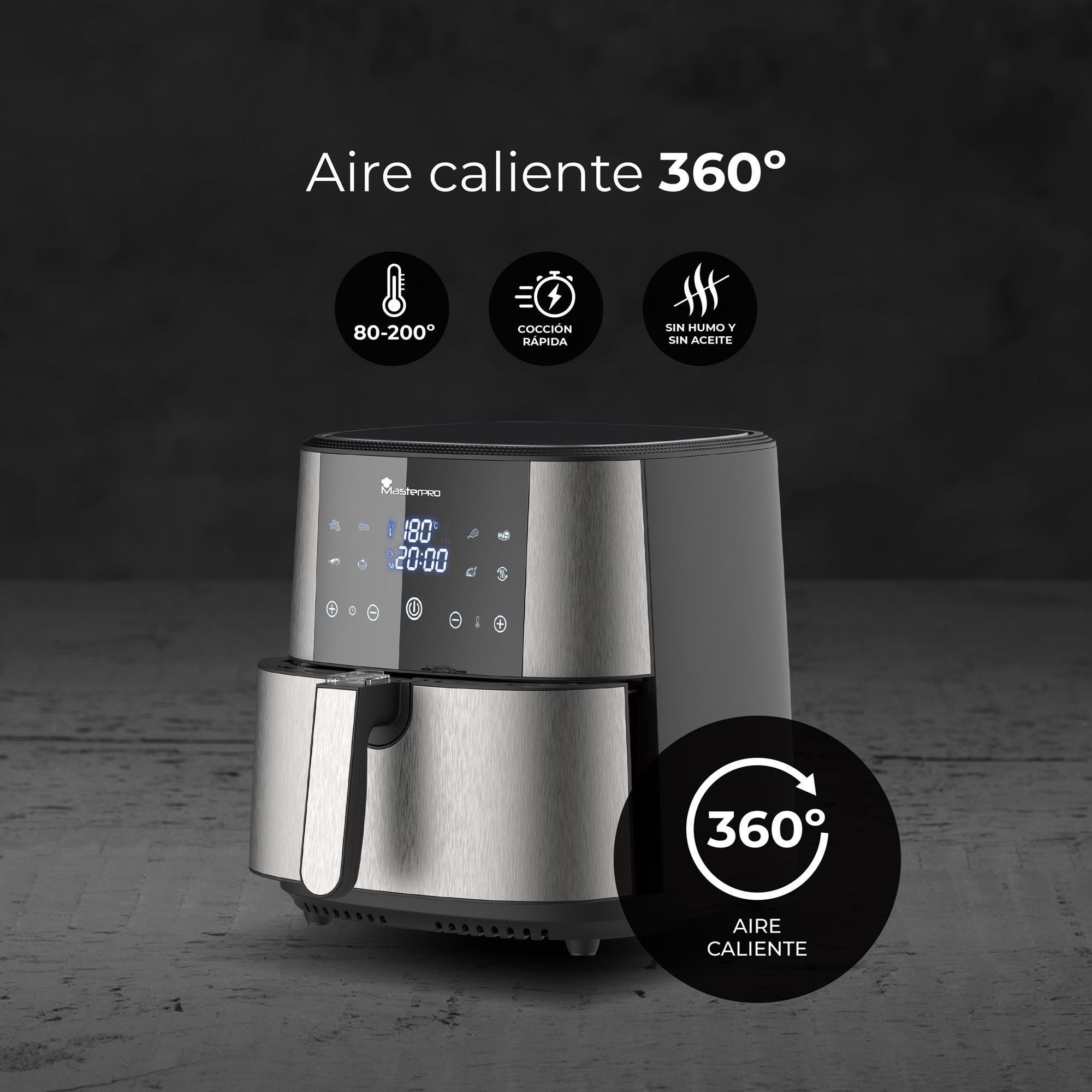 Freidora de aire sin aceite con capacidad de 6l y 1800w de potencia con pantalla led táctil con 8 funciones diferentes masterpro