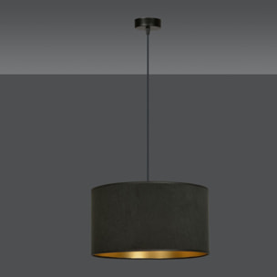 Lampada a sospensione Hilde con paralume in velluto nero e interno oro
